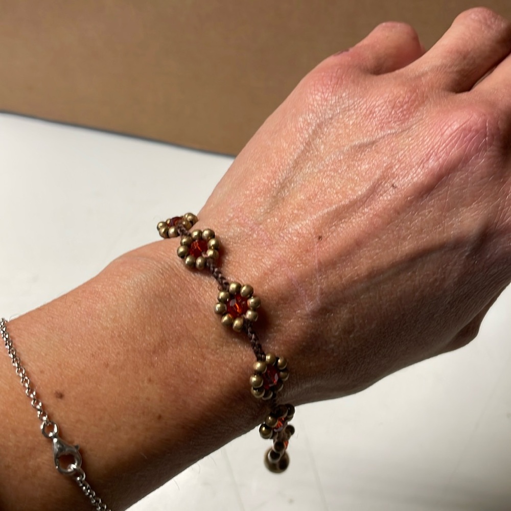 Brass, silk and crystal bead bracelet